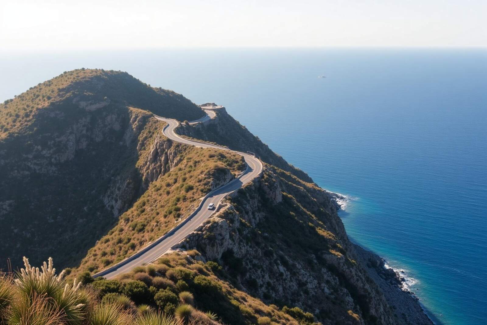 Küstenstraße windet sich über einer Mittelmeerküste, kleiner Wagen unterwegs — Roadtrip-Stimmung