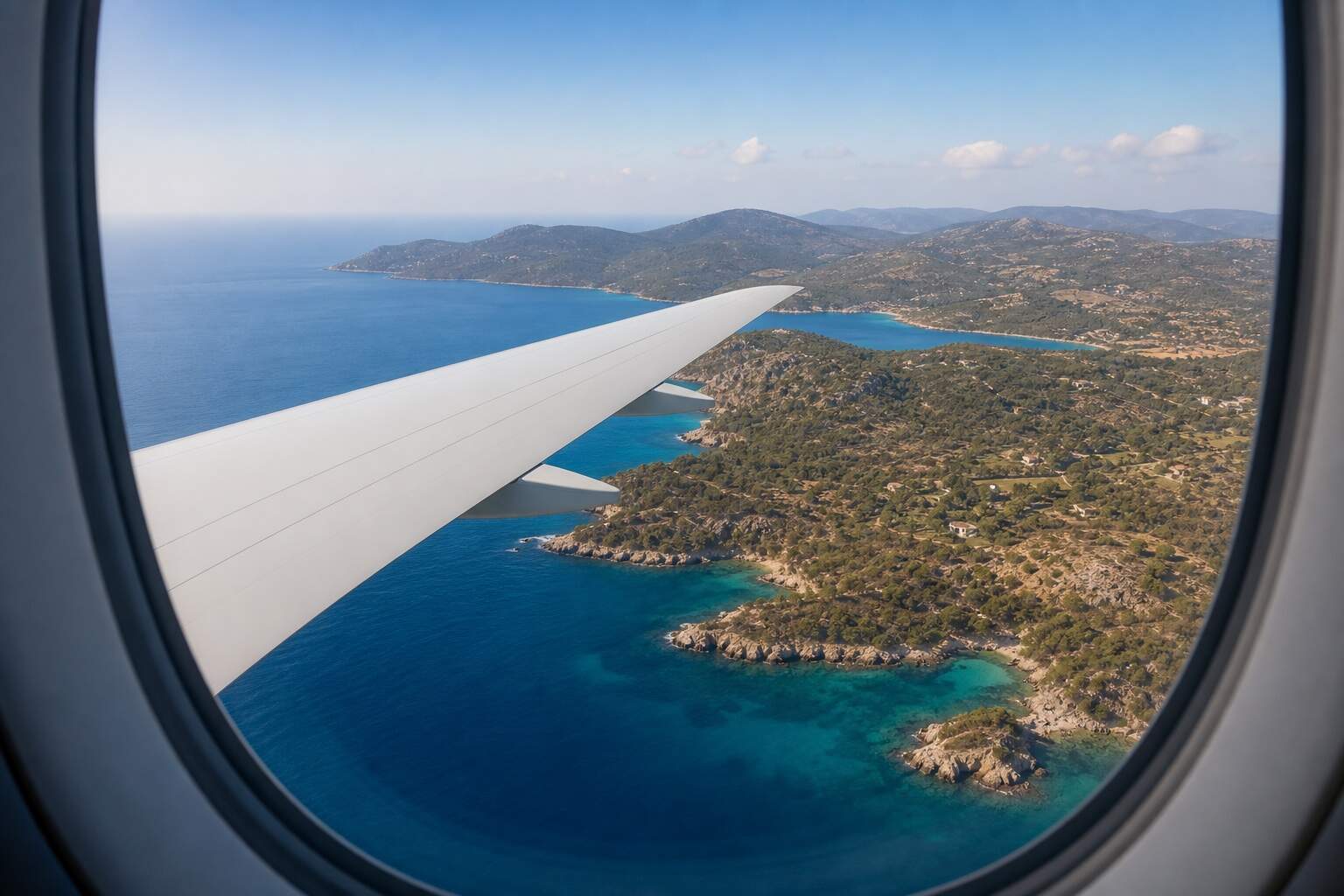 Blick aus einem Flugzeugfenster über die Tragfläche auf türkisfarbenes Meer und eine Inselküste