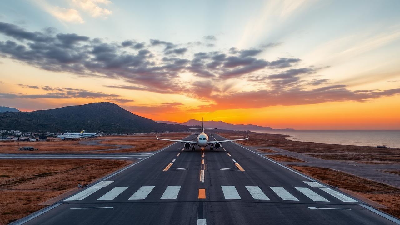 Landebahn des Flughafens von Rhodos im Abendlicht