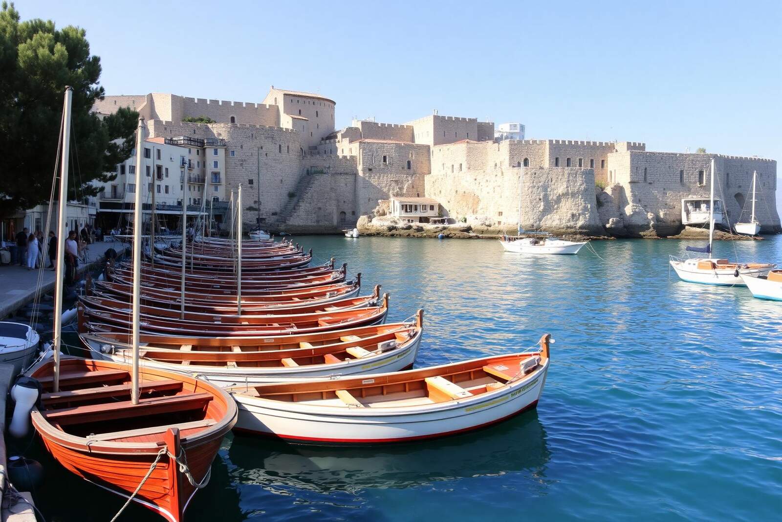 Reihe hölzerner Ausflugsboote am Kai eines mediterranen Hafens mit mittelalterlichen Stadtmauern