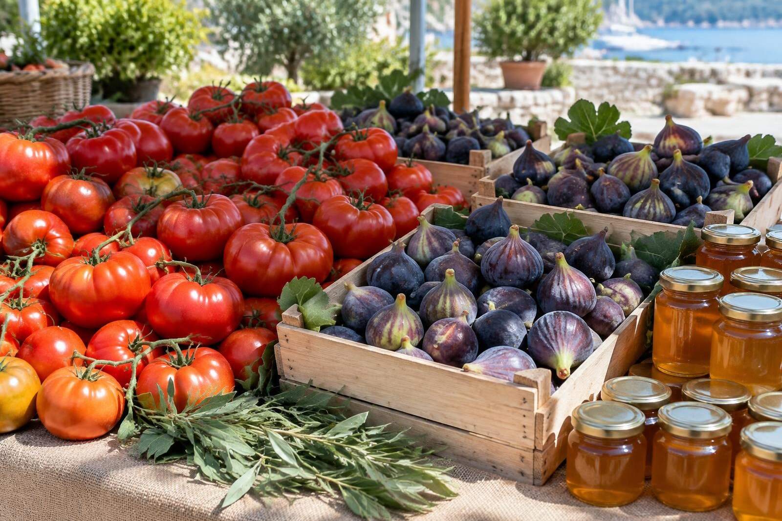 Marktstand mit Tomaten, Feigen und unbeschrifteten Honiggläsern
