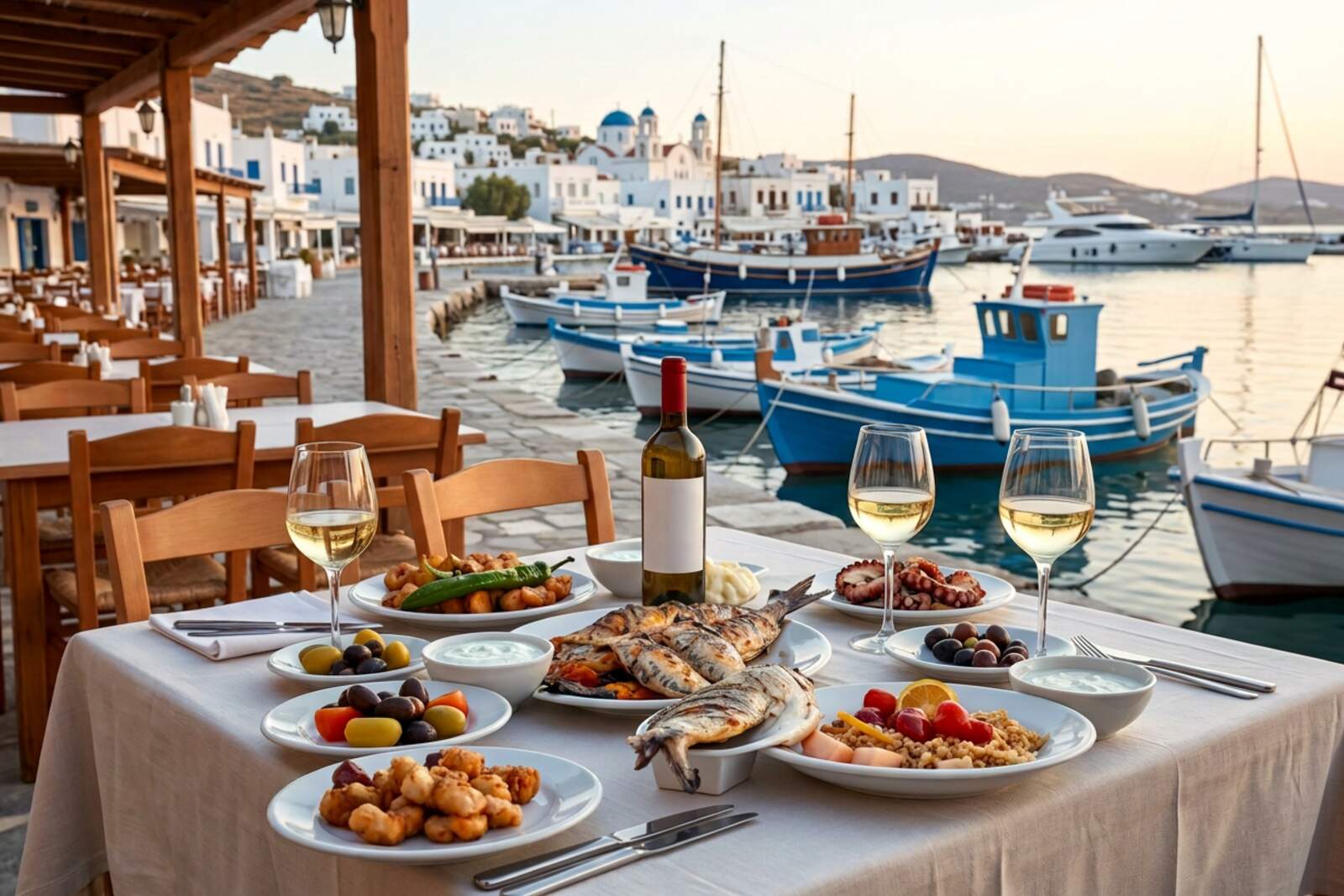 Tavernentisch mit Mezedes, gegrilltem Fisch und Wein am Hafen