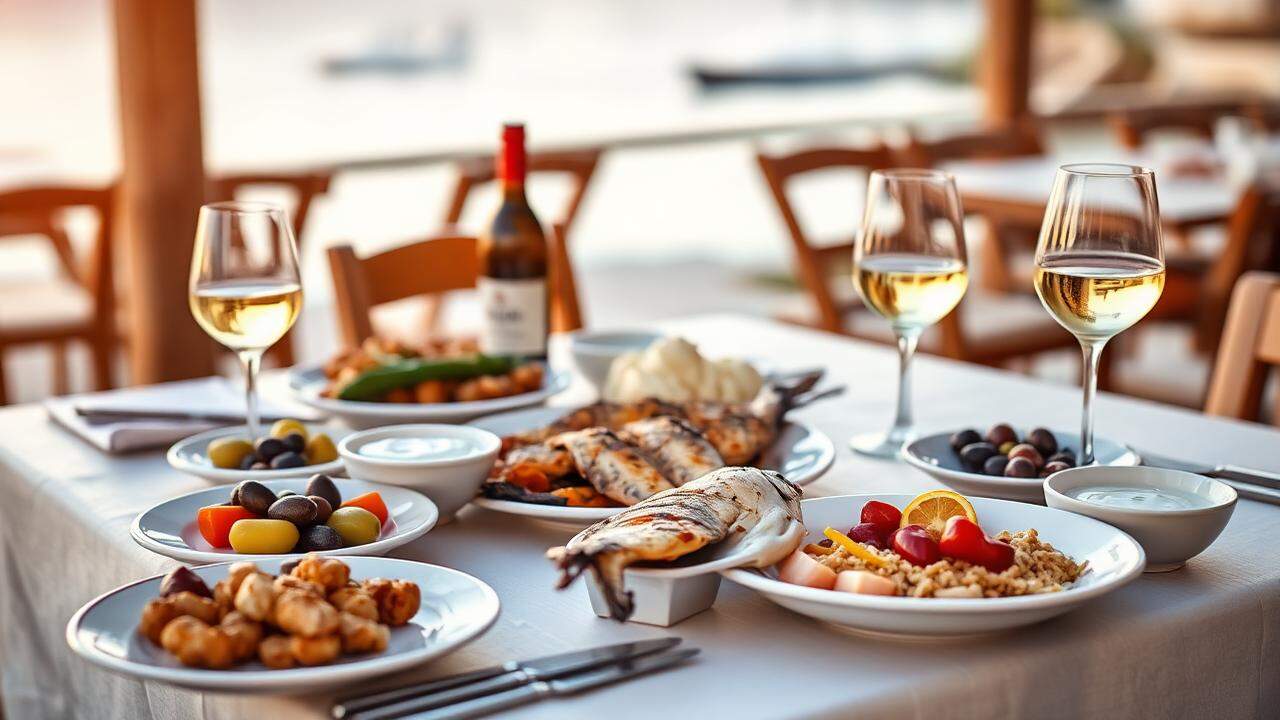 Gedeckter Tavernentisch mit Mezedes, gegrilltem Fisch und Weißwein am Hafen
