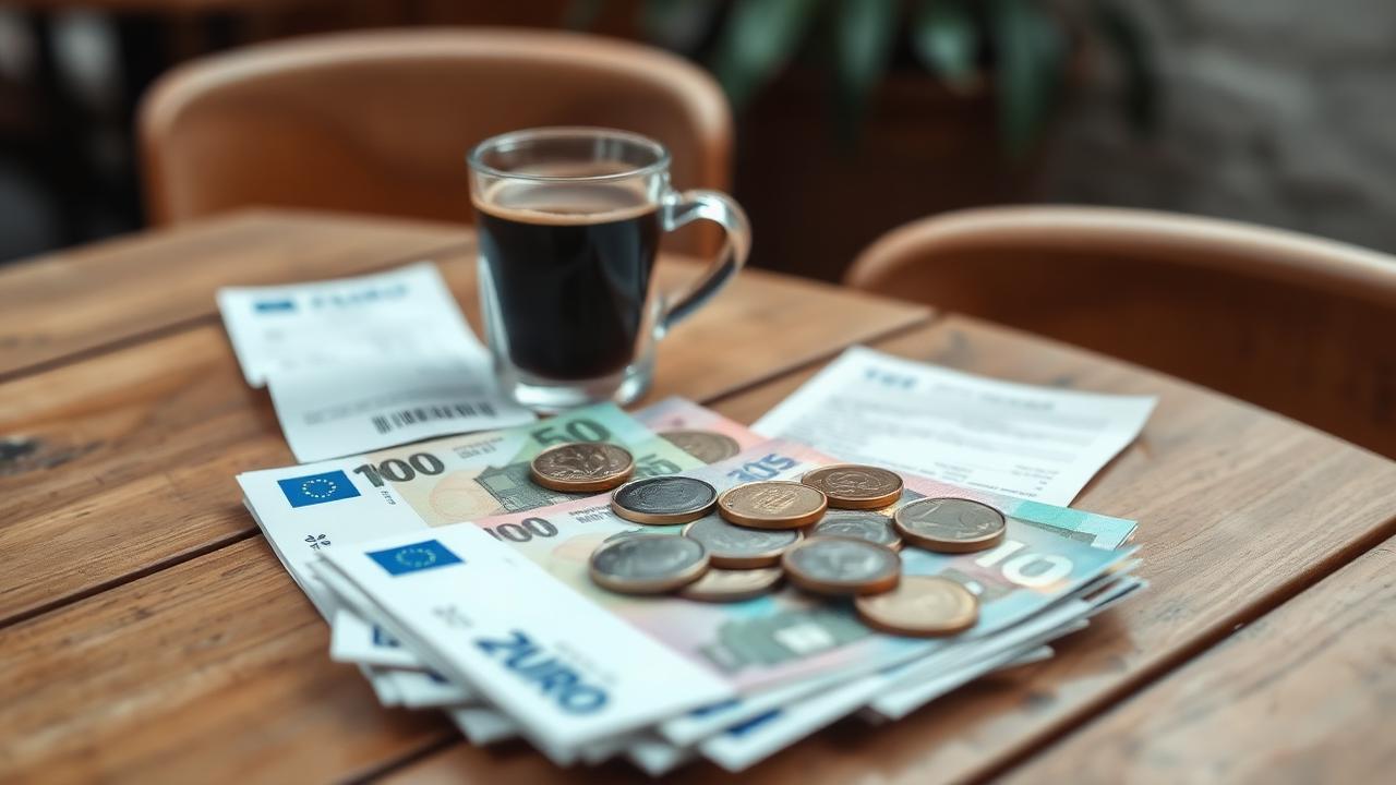 Euro-Münzen und Scheine auf einem Tavernen-Tisch