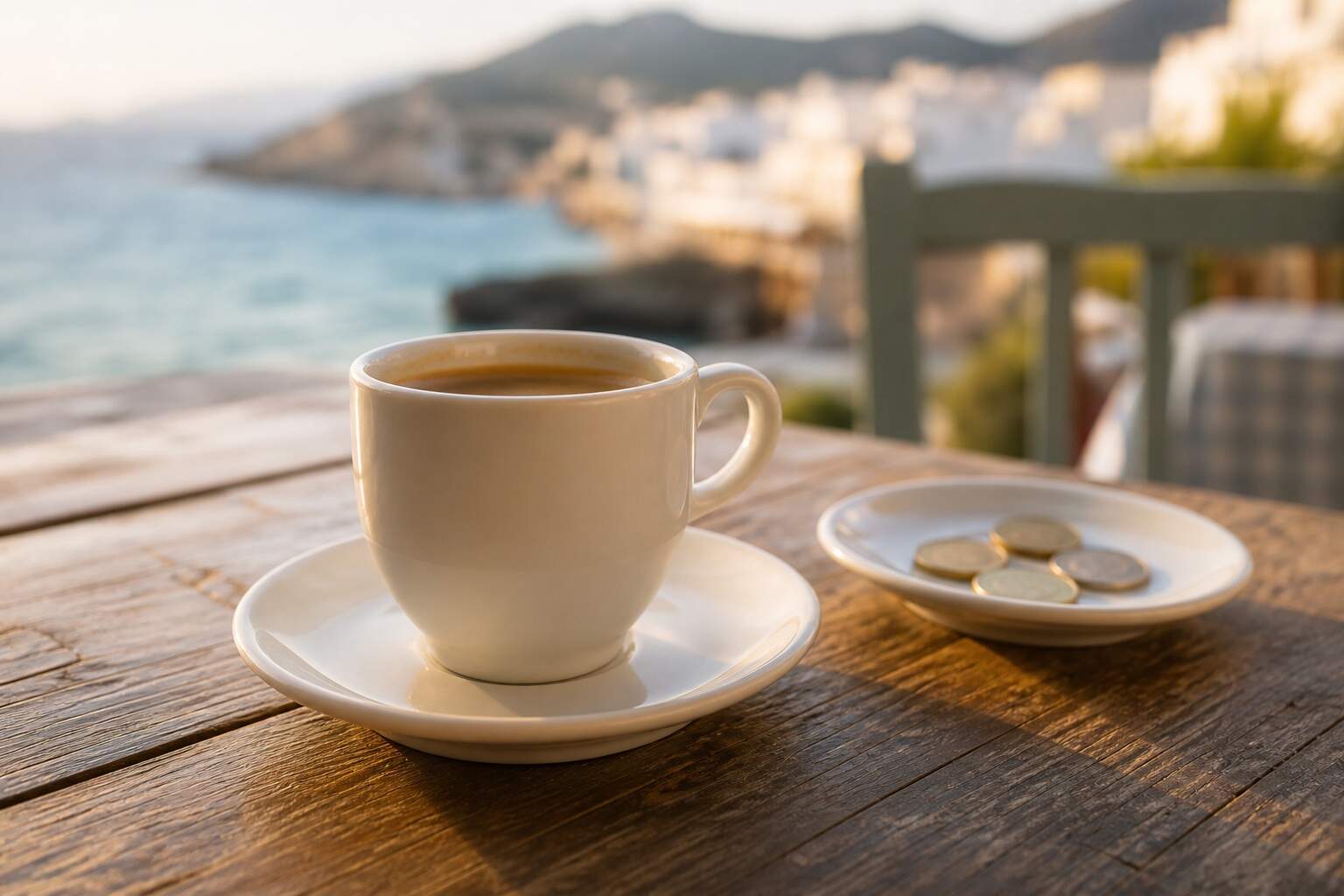 Tavernentisch mit Münzen auf einem kleinen Teller und einer Kaffeetasse