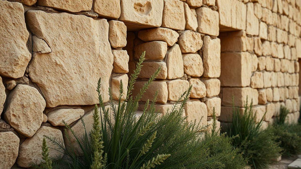 Antike Steinmauer auf Rhodos mit wilden Kräutern