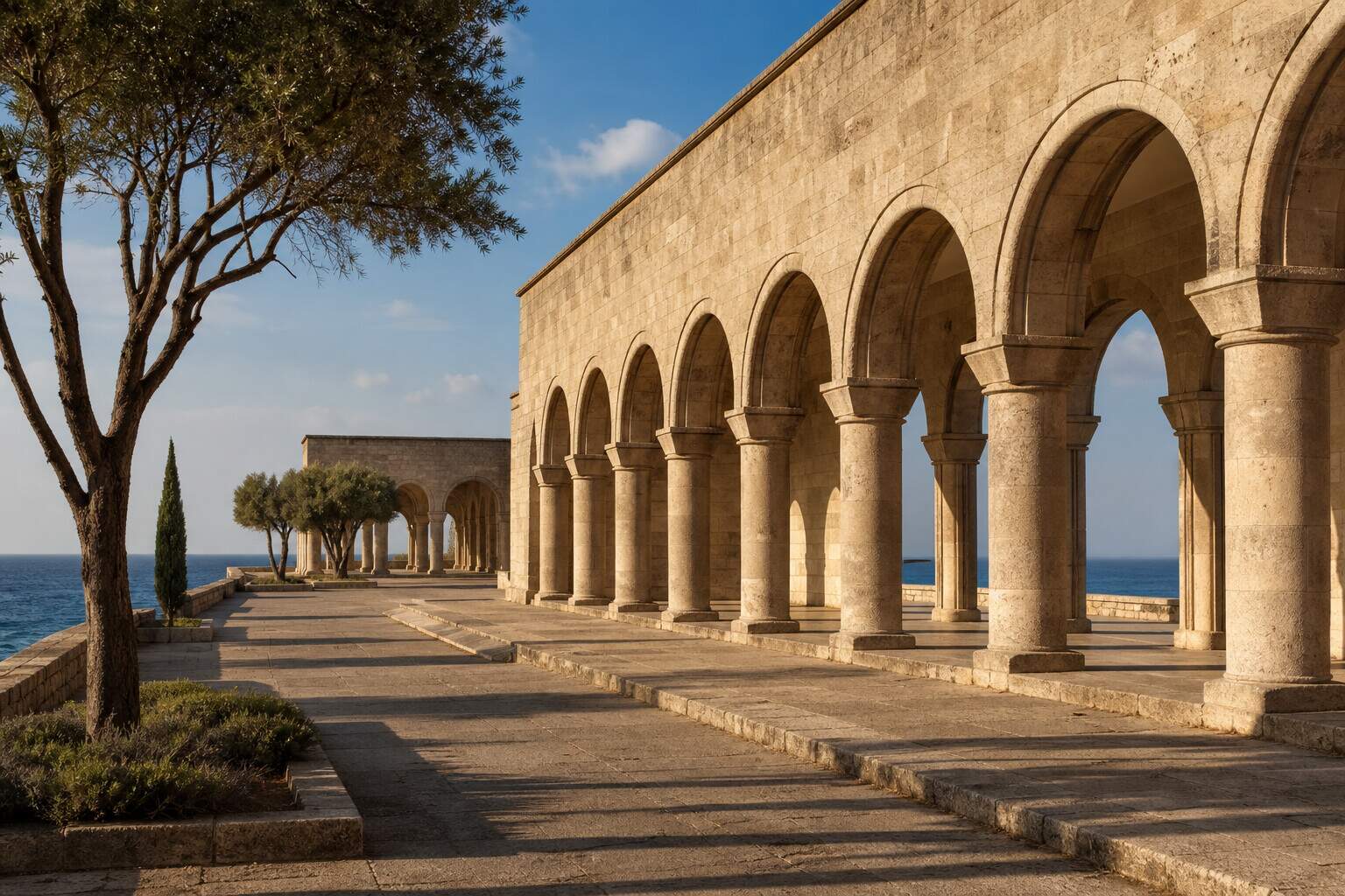 Menschenleere Arkaden-Kolonnade aus warmem Sandstein am Meer