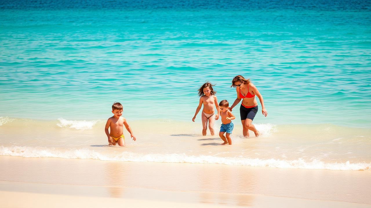 Familie spielt am flachen, türkisfarbenen Wasser eines Sandstrands auf Rhodos