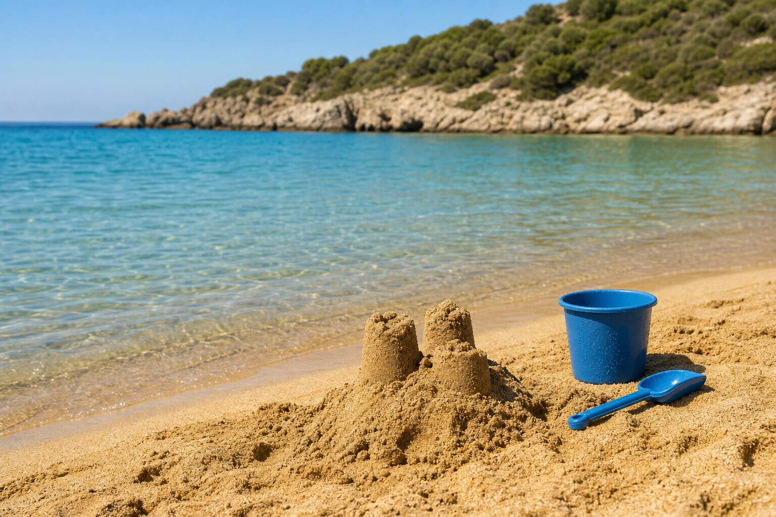 Sandburg mit Eimer und Schaufel am flachen türkisen Wassersaum