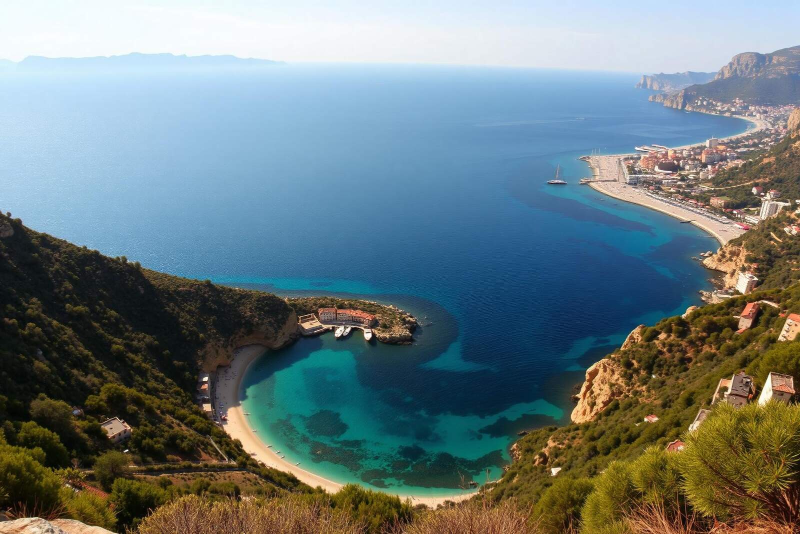 Panorama einer mediterranen Küste vom Kliff: ruhige Bucht im Vordergrund, lebhafter Strand in der Ferne