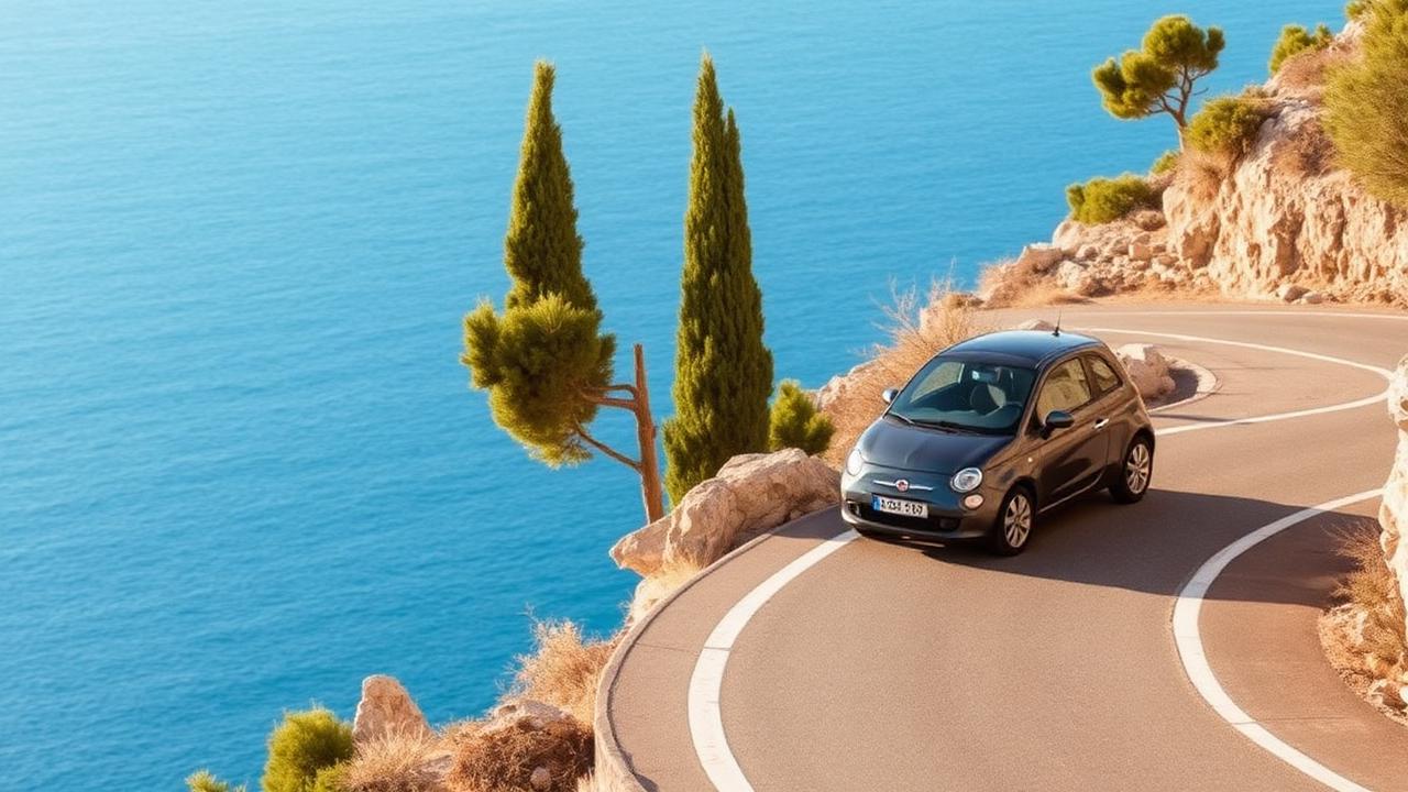 Kleinwagen auf einer Küstenstraße auf Rhodos