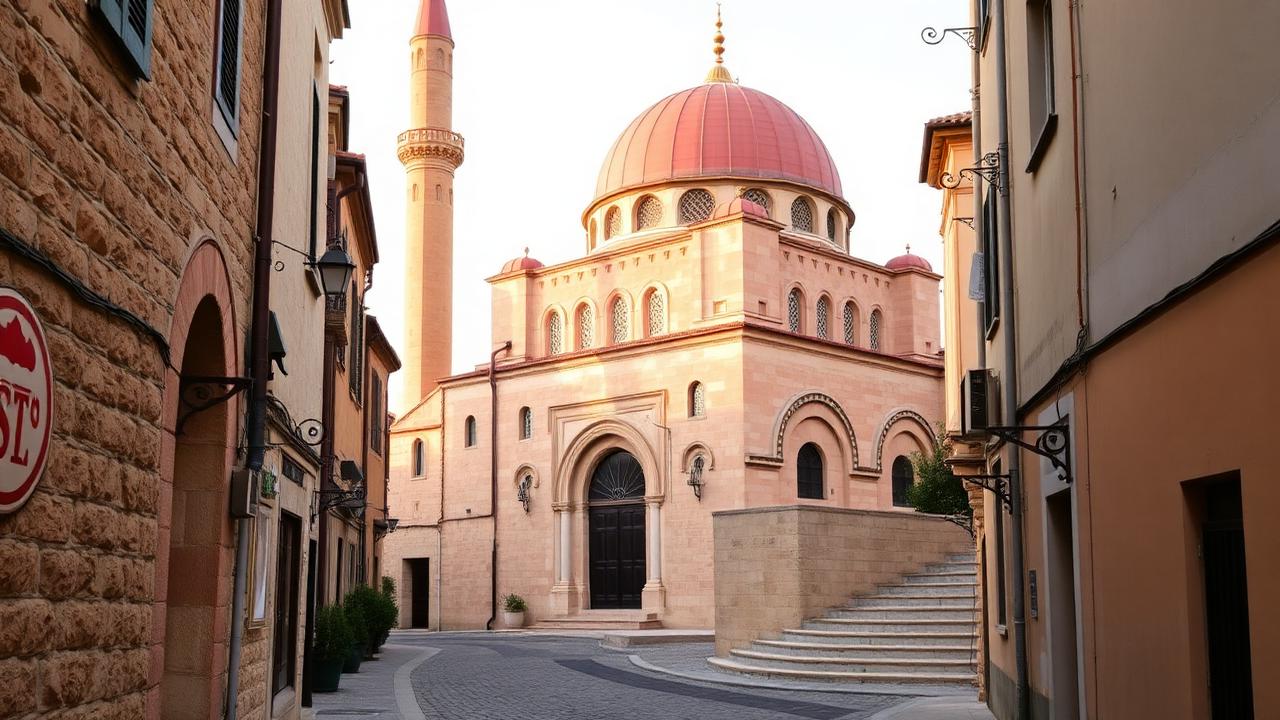 Süleyman-Moschee mit rosa Kuppel und Minarett in der Altstadt von Rhodos
