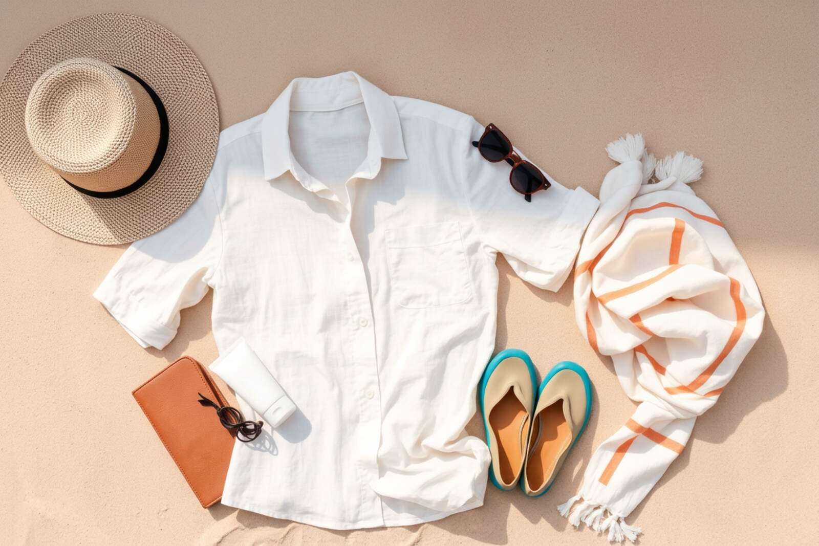 Strohhut, weißes Leinenhemd, Sonnenbrille, Stoffschuhe, Sonnencreme und gestreiftes Strandtuch