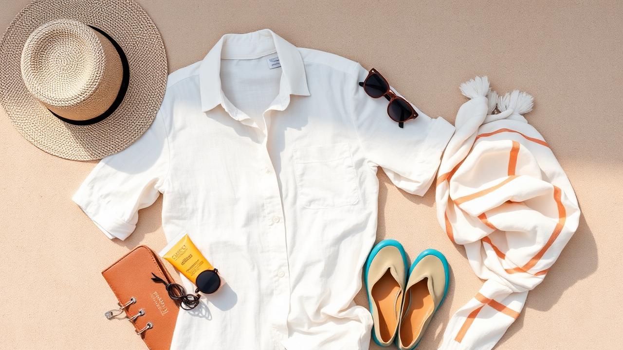 Sommerliche Reise-Essentials — Strohhut, Leinenhemd, Sonnencreme und Badeschuhe auf hellem Sand