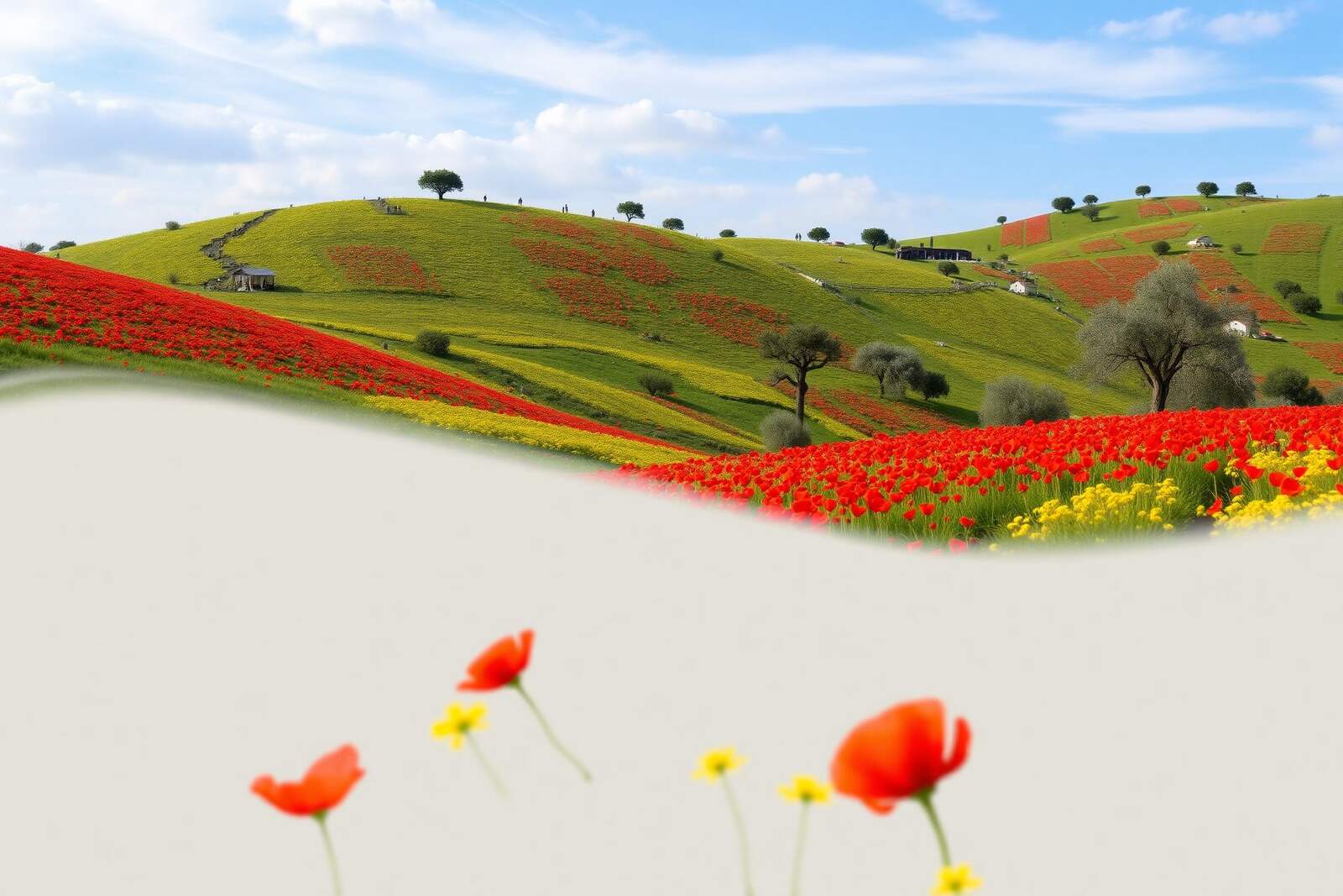 Blühende Frühlingslandschaft mit grünen Hügeln, roten Mohnwiesen und Olivenbäumen