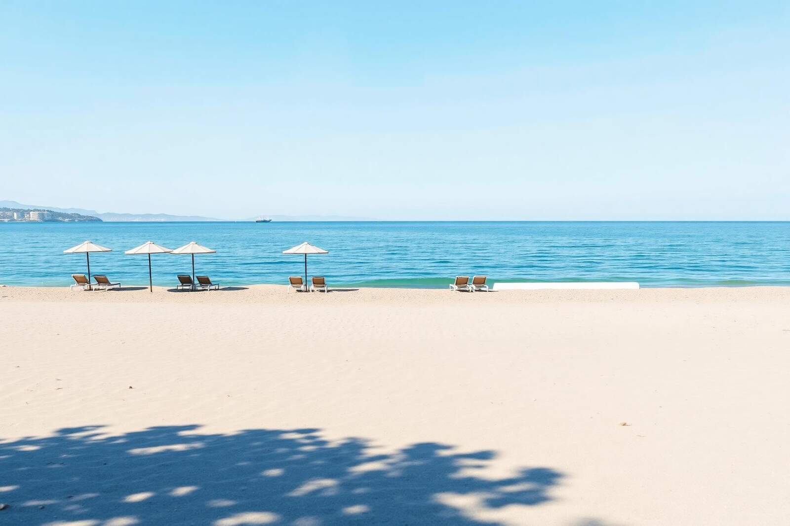Fast leerer Strand mit wenigen Schirmen und Liegen an ruhiger See im klaren Frühsommerlicht