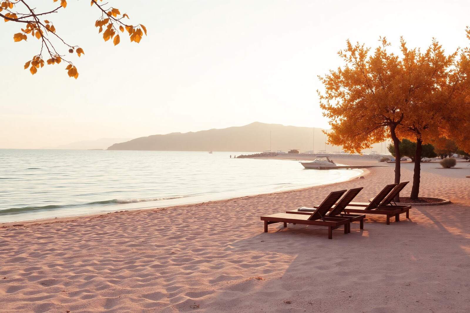 Leerer Sandstrand mit einzelnen Holzliegen unter Bäumen mit herbstlich gefärbten Blättern am ruhigen Meer