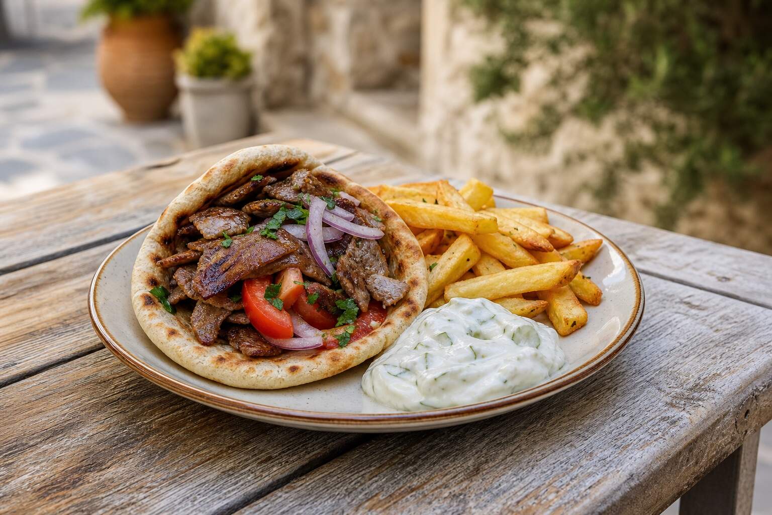 Gefüllte Gyros-Pita mit Pommes und Tzatziki auf einem Teller am Tavernentisch