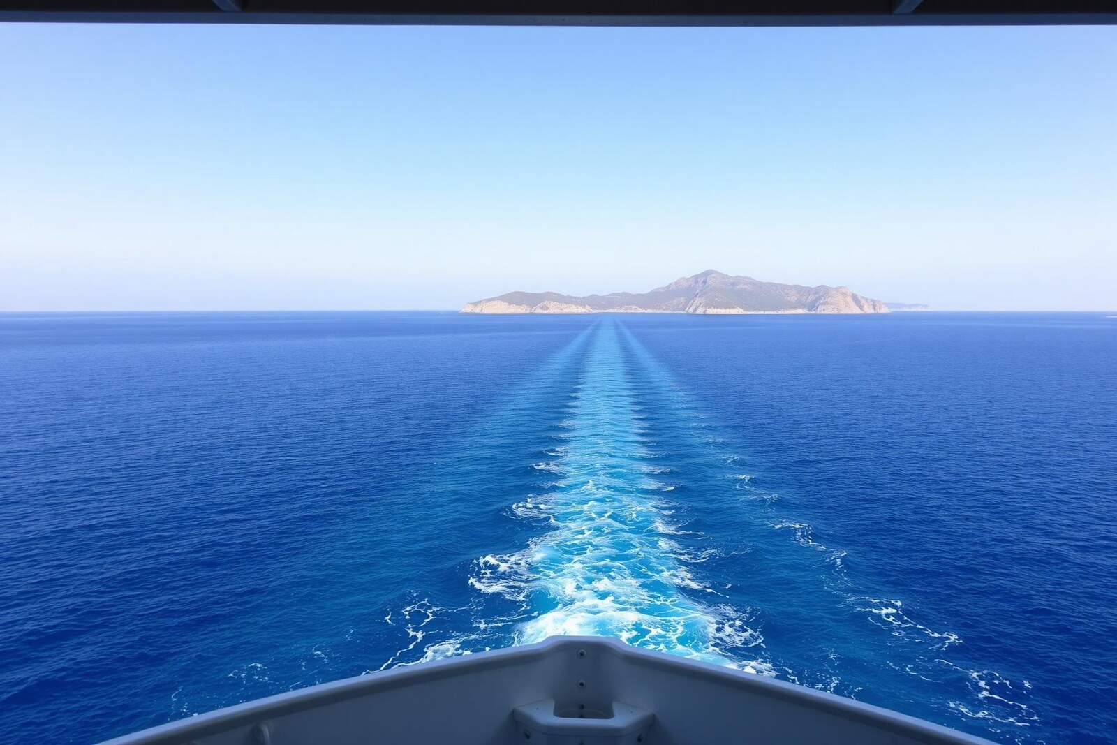 Blick vom Heck einer Fähre auf offenes Meer mit einer Insel am Horizont