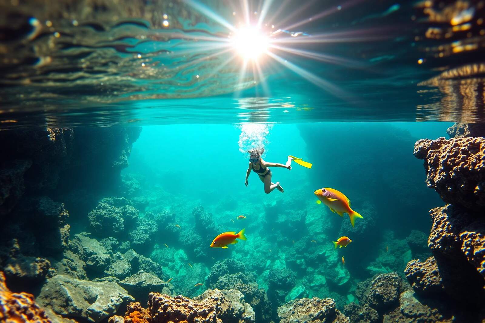 Schnorchlerin im klaren Wasser einer felsigen Bucht, bunte Fische und Sonnenstrahlen unter Wasser