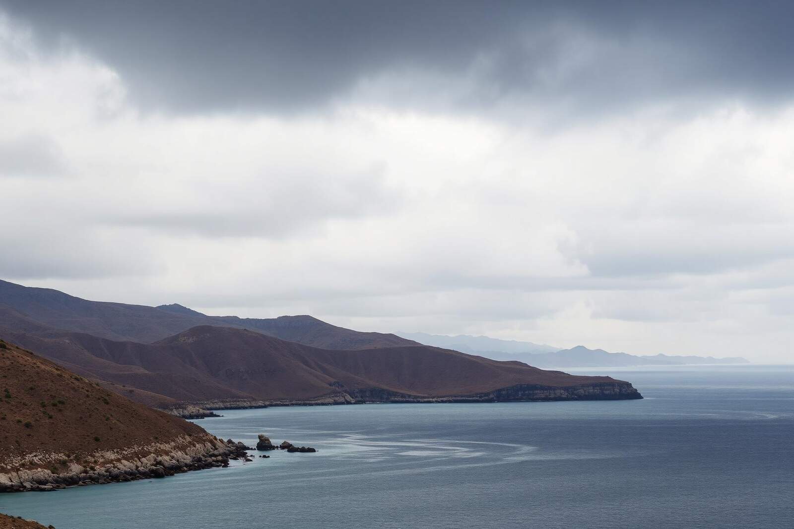 Ruhige Mittelmeer-Küstenlandschaft mit trockenen Hügeln unter einem bewölkten Himmel