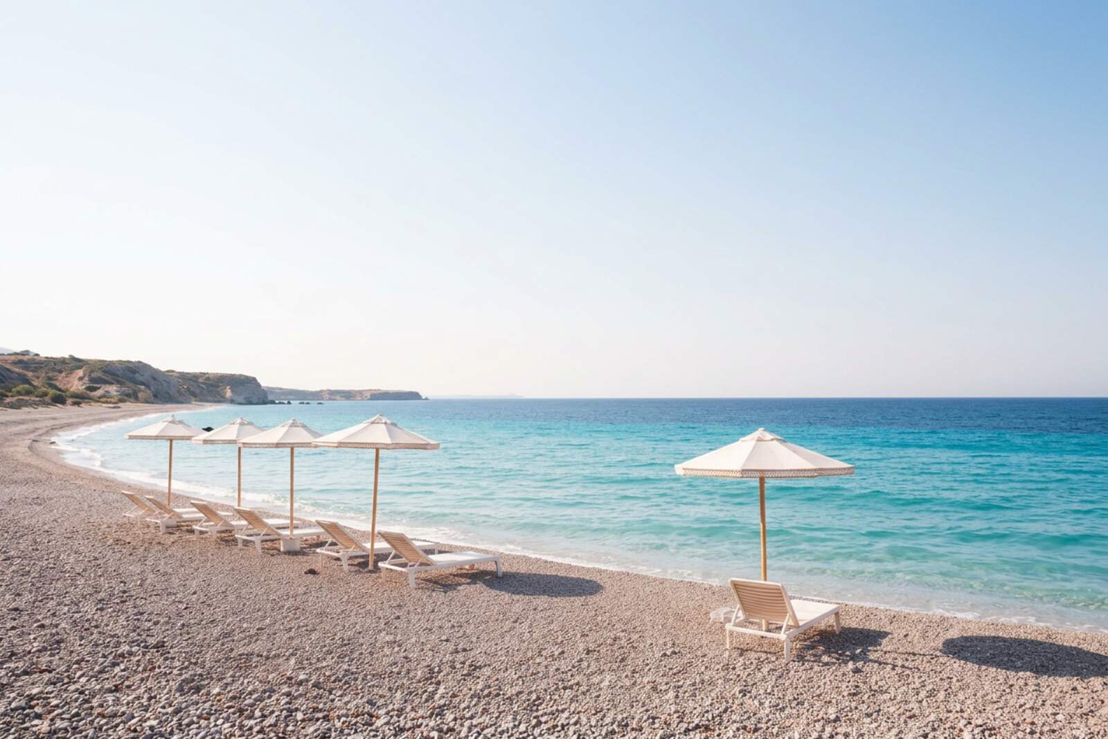 Leere Sonnenliegen und Sonnenschirme am ruhigen Kiesstrand