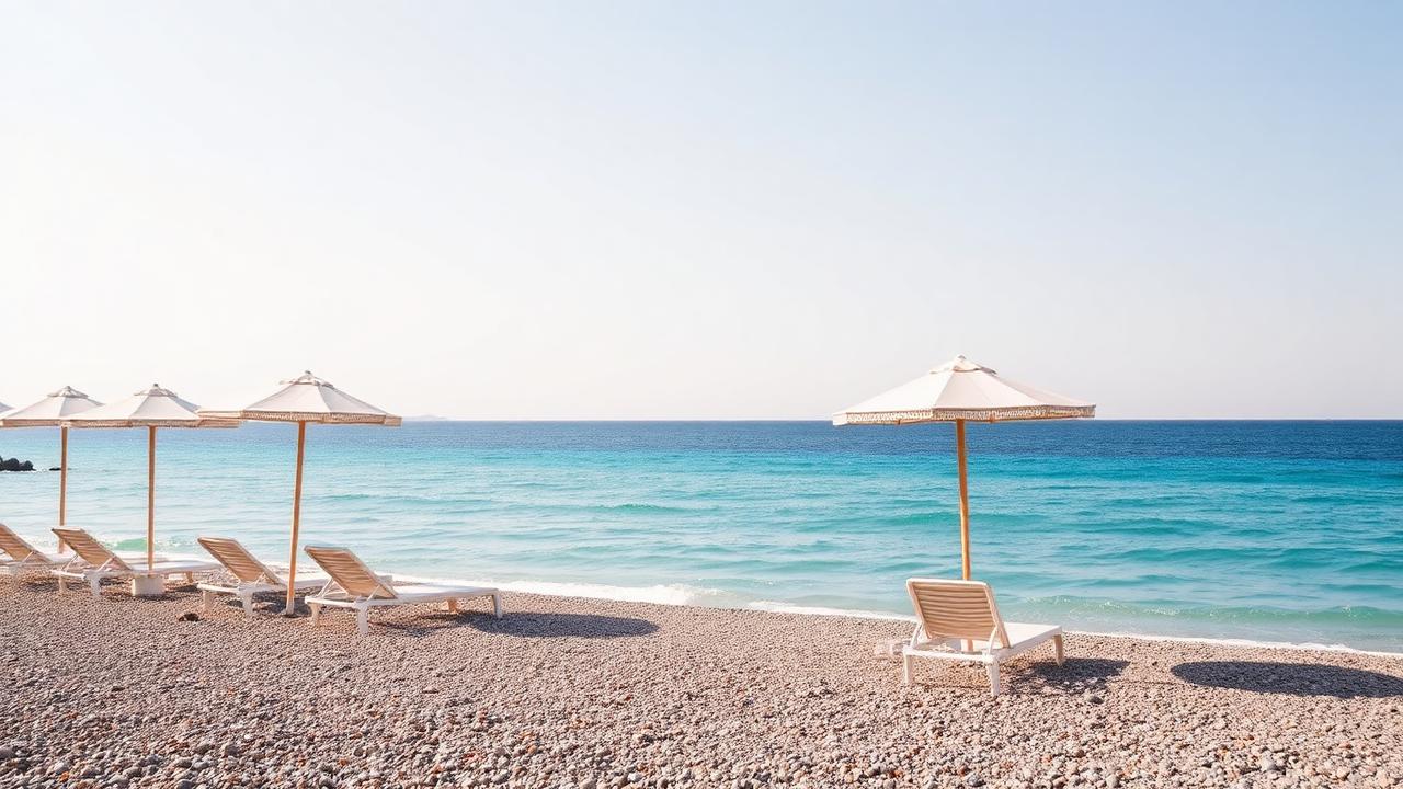 Sonnenliegen und Schirme an einem ruhigen Strand auf Rhodos