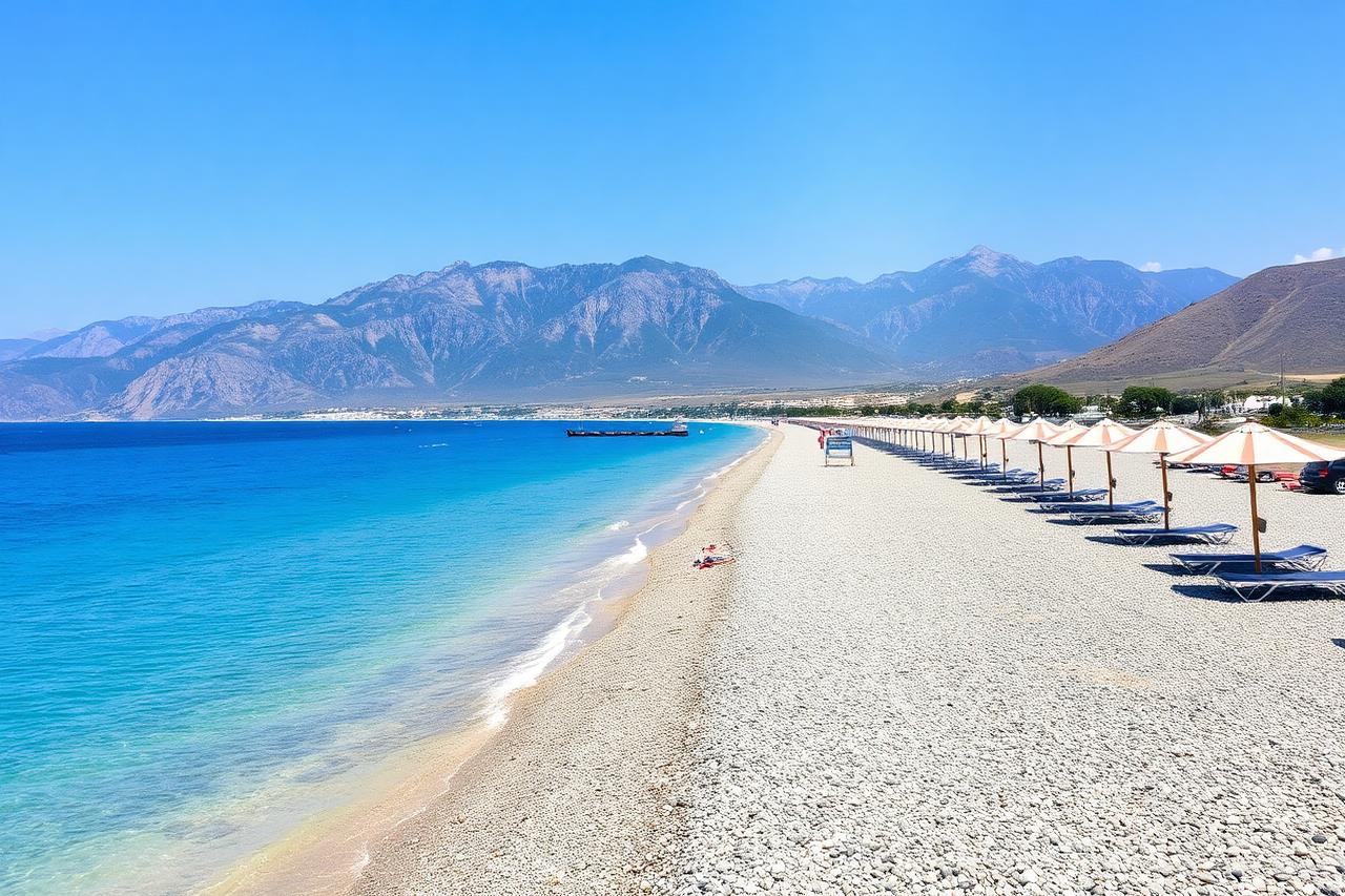 Langer Kiesstrand von Afandou mit Bergkulisse