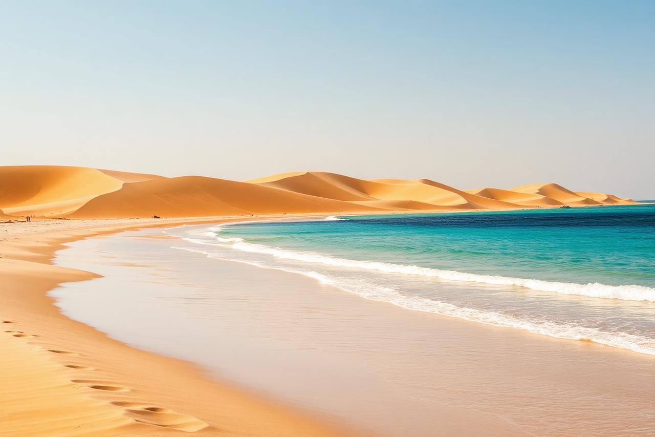 Goldener Sandstrand mit Dünen und türkisem Meer am Agathi