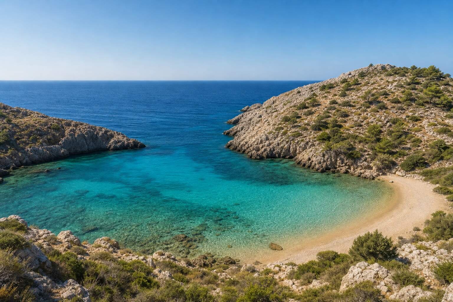 Kleine goldene Sandbucht zwischen felsigen Kaps mit türkisfarbenem Wasser