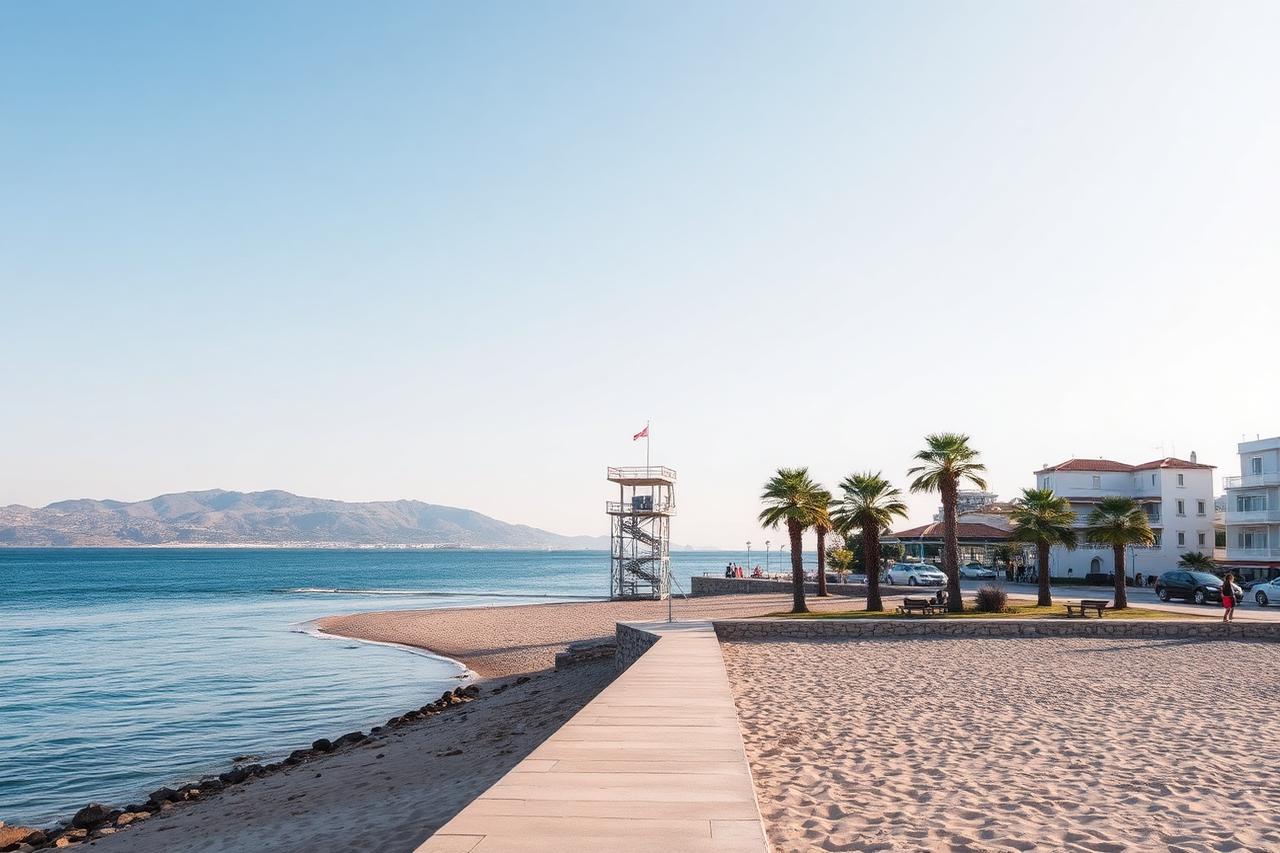Elli Beach in Rhodos-Stadt mit Promenade und altem Sprungturm