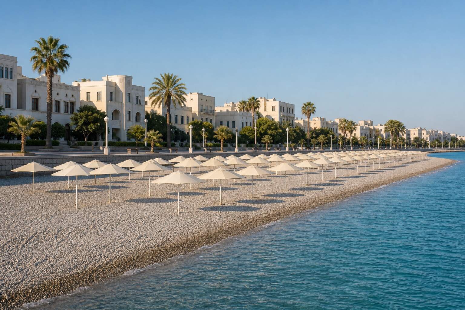Städtischer Kiesstrand mit Reihen heller Sonnenschirme und Promenade