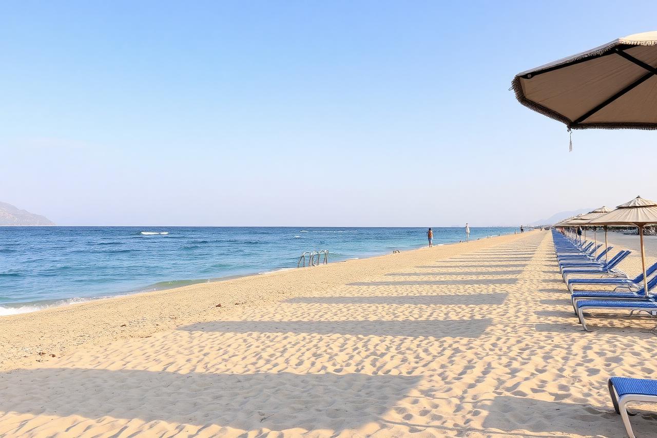 Langer Sandstrand von Faliraki mit Liegen und Sonnenschirmen