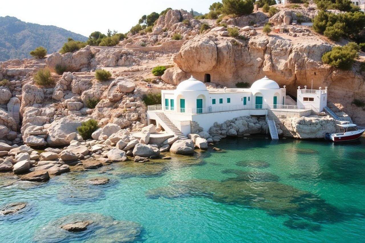 Türkisfarbene Felsbucht mit Art-Déco-Thermalbädern von Kallithea