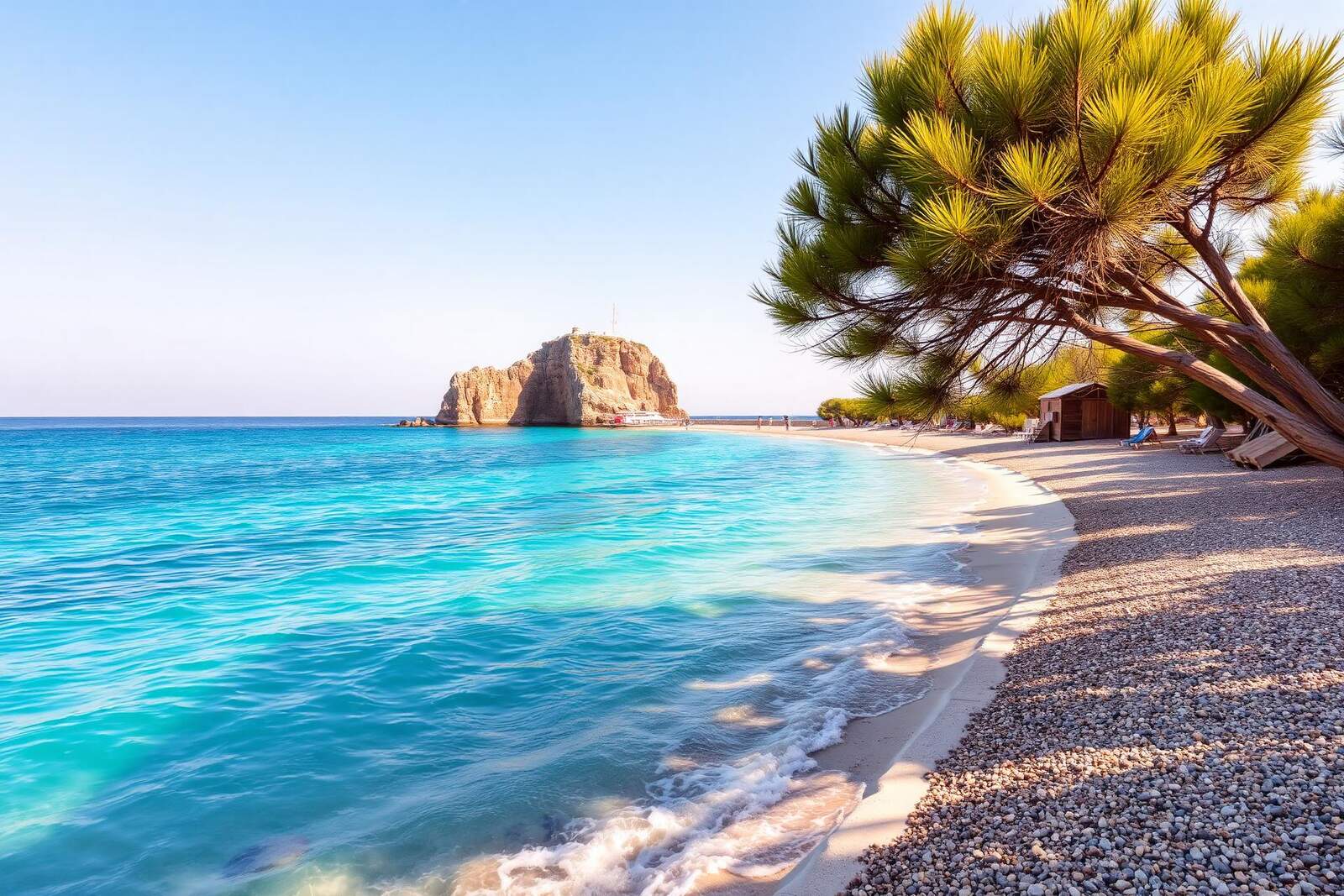 Kies-Sand-Strand mit klarem türkisem Wasser und Blick zu einem Felskap