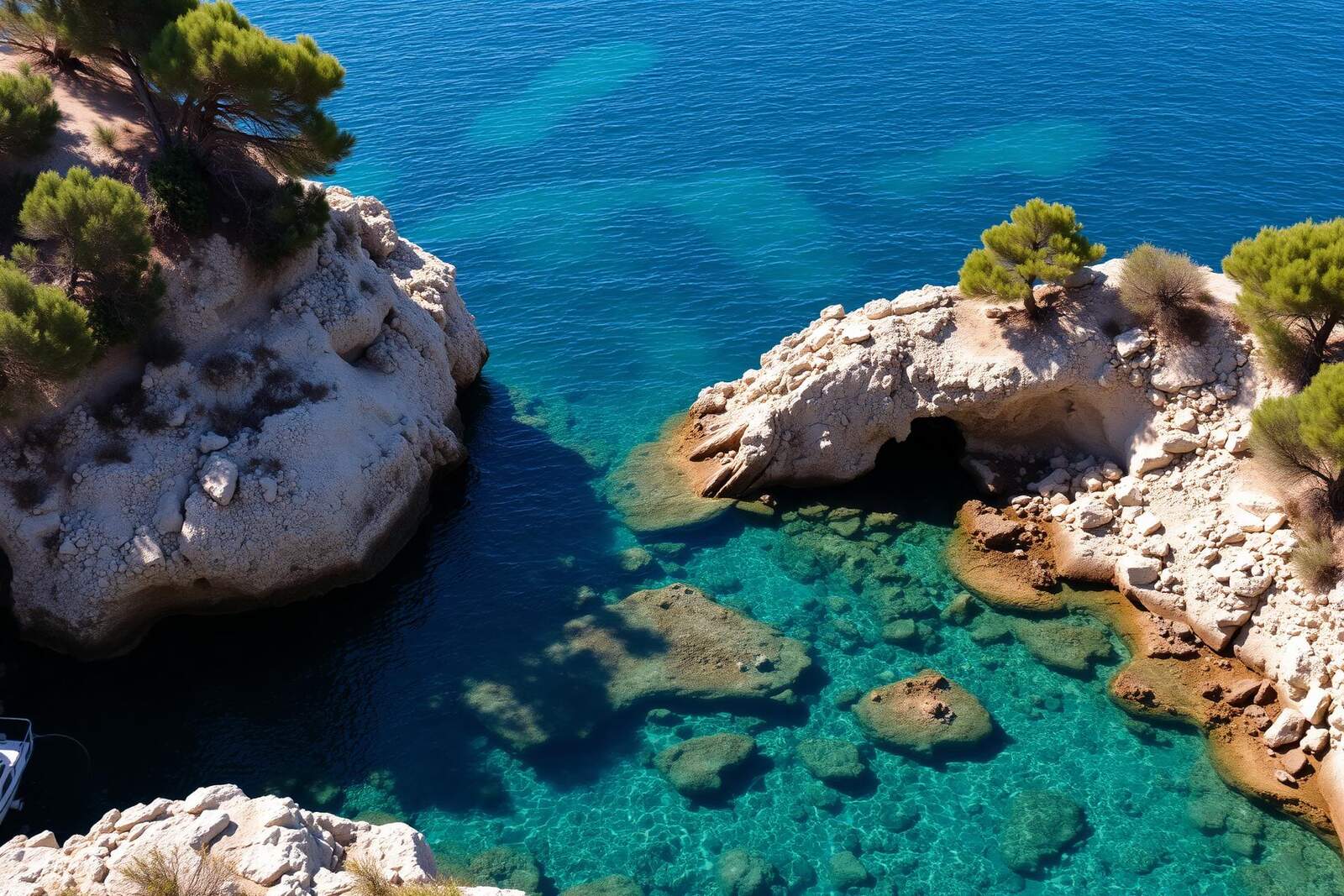 Kleine, geschützte Felsbucht mit glasklarem türkisem Wasser und Pinien an den Rändern