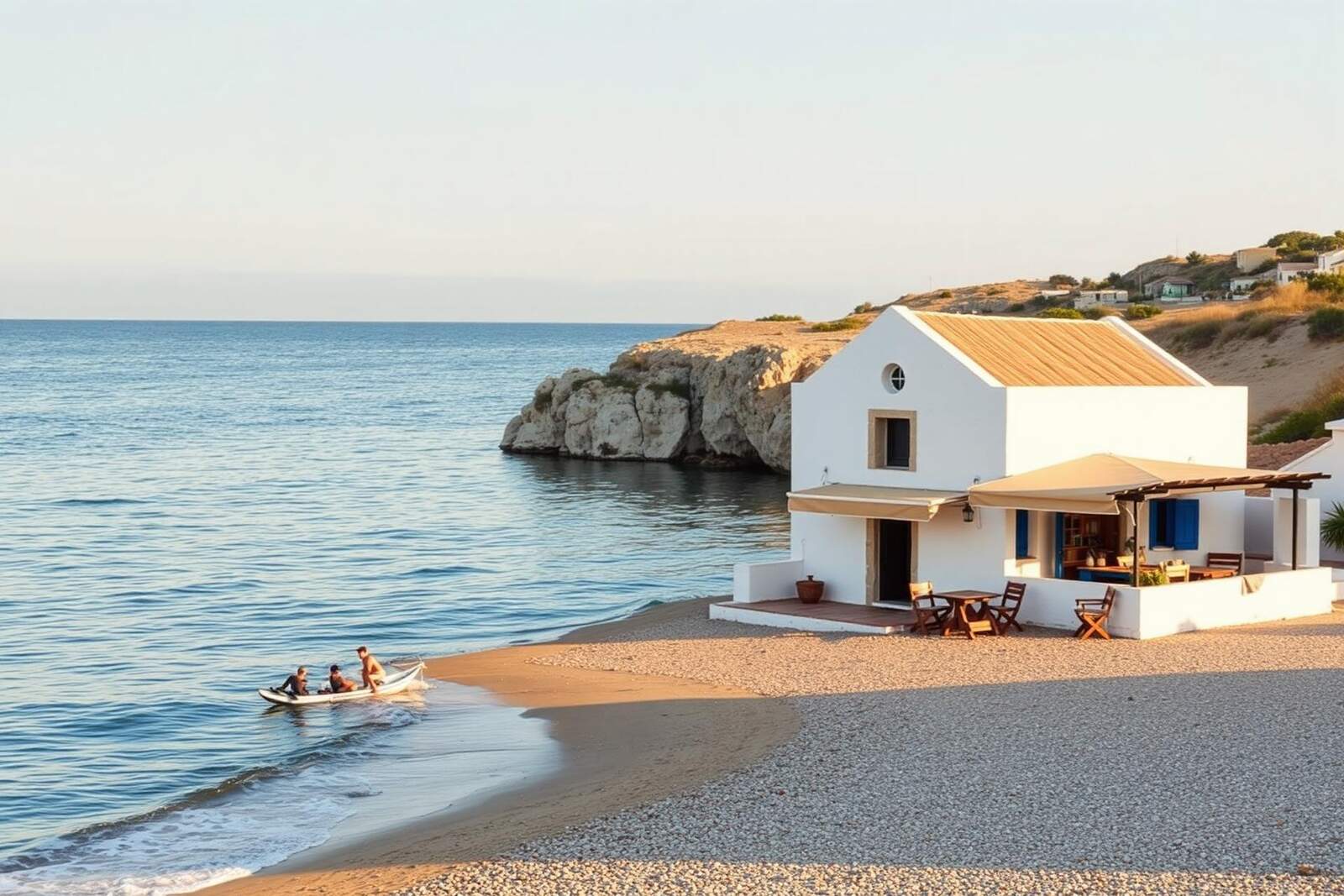Einsame Südbucht mit kleiner weißer Kapelle und Fischtaverne direkt am Sandstrand