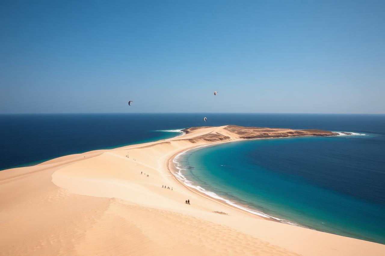 Sandzunge von Prasonisi mit Kitesurfern zwischen zwei Meeren