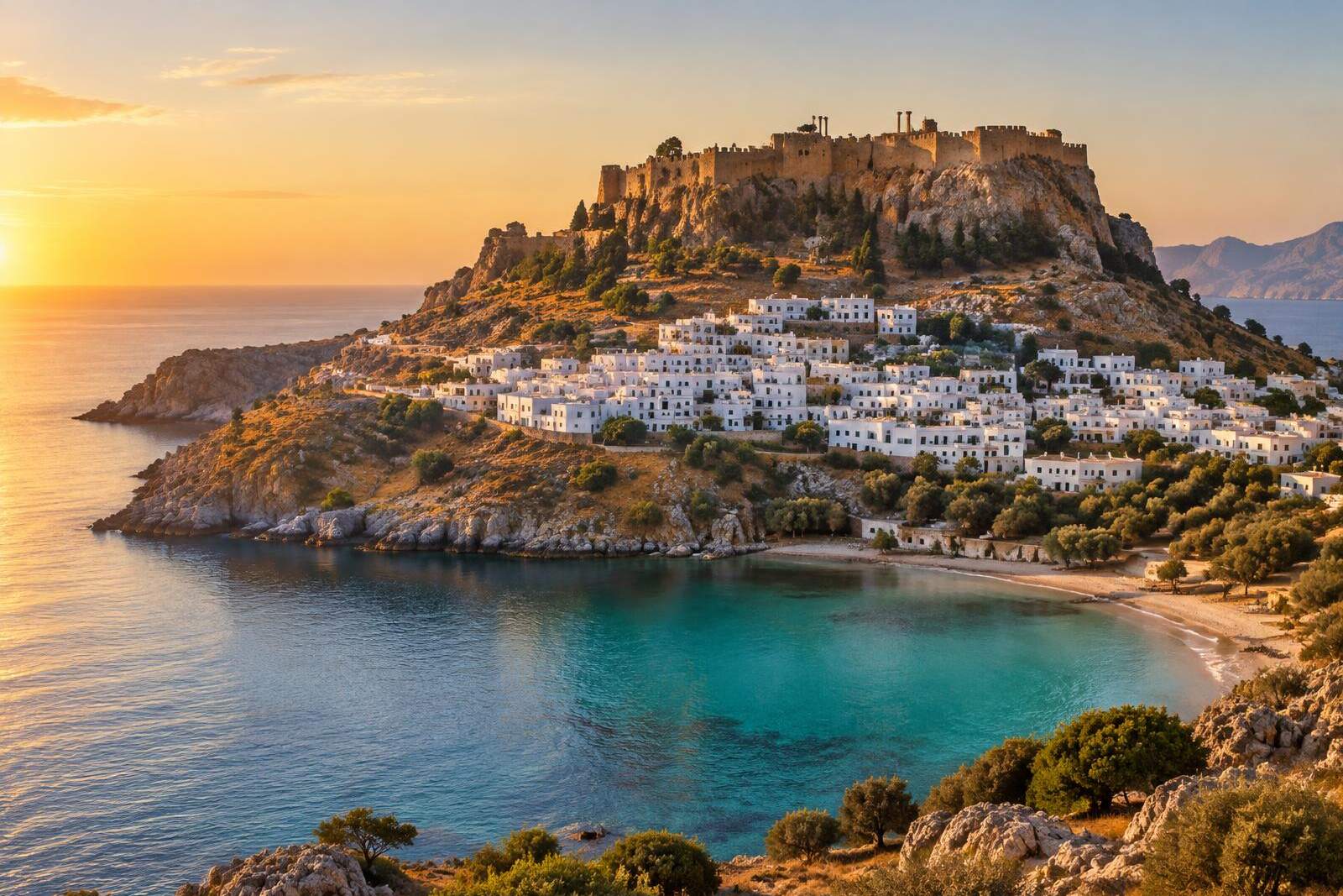 Weiße Häuser von Lindos unter dem Akropolisfelsen mit Burgmauern über einer Bucht im Abendlicht.