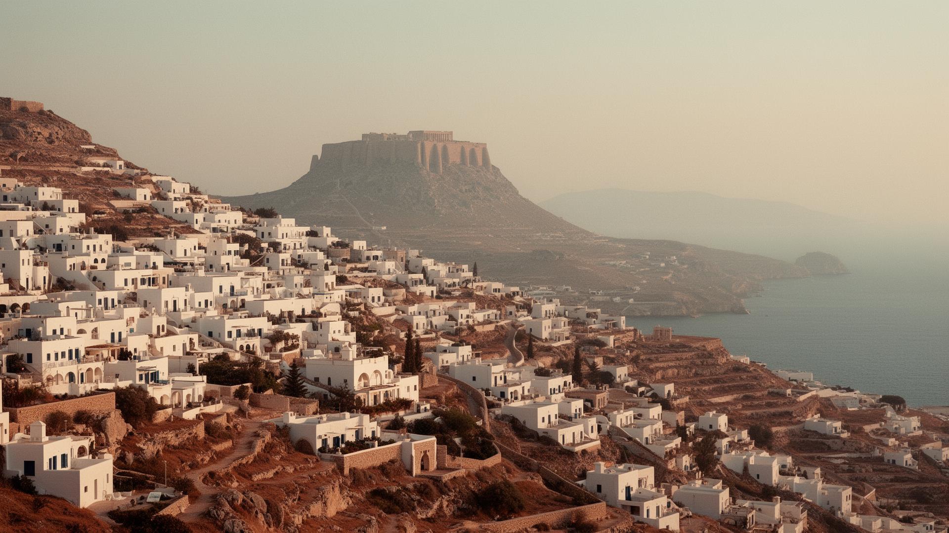 Weiße Häuser von Lindos vor der Akropolis im Abendlicht
