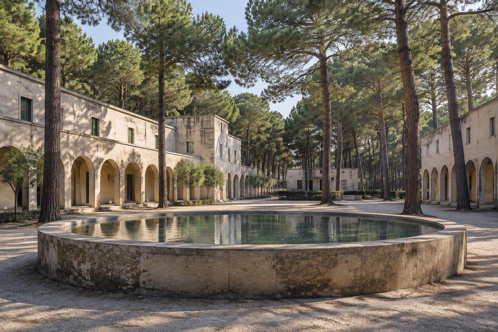 Italienische Arkadenarchitektur mit rundem Steinwasserbecken im Kiefernwald, inspiriert von Eleousa