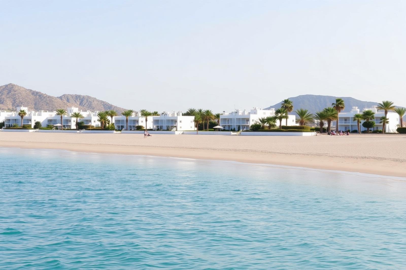 Langer Sandstrand von Faliraki mit weißen Hotels und ruhigem Wasser