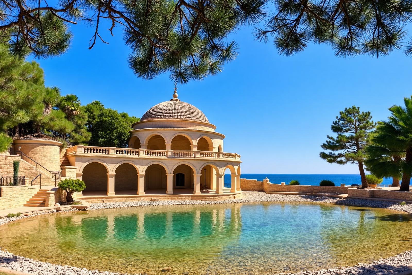 Historisches Kuppelgebäude der Thermen von Kallithea zwischen Pinien am Meer
