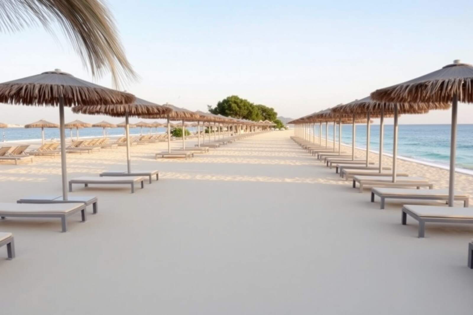 Ruhige Hotelstrand-Zone mit langem Sandstrand, Liegen und Schirmen an ruhigem Meer
