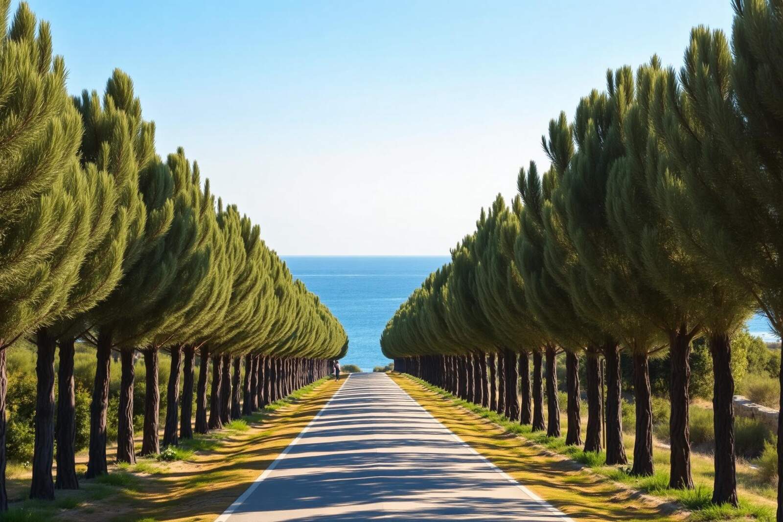 Lange Eukalyptus-Allee mit hohen Bäumen beidseits der Straße, die zum Meer führt