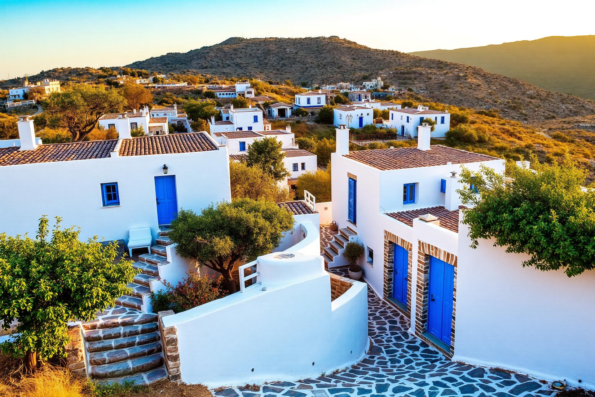Weiße Häuser mit blauen Türen im Bergdorf Lachania