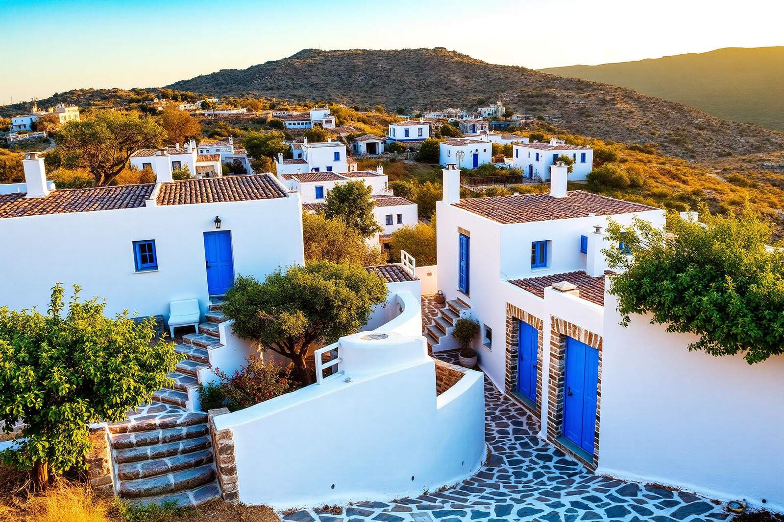 Weiße Häuser mit blauen Türen im Bergdorf Lachania