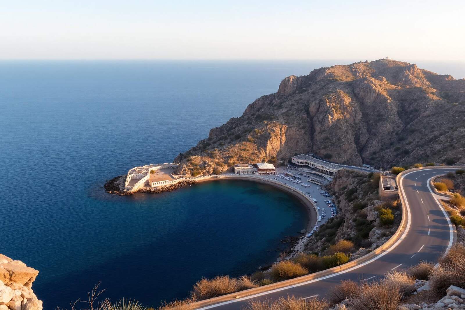 Blick von einer Serpentinenstraße auf eine geschützte Bucht mit Strand und Uferbebauung an einer griechischen Ostküste