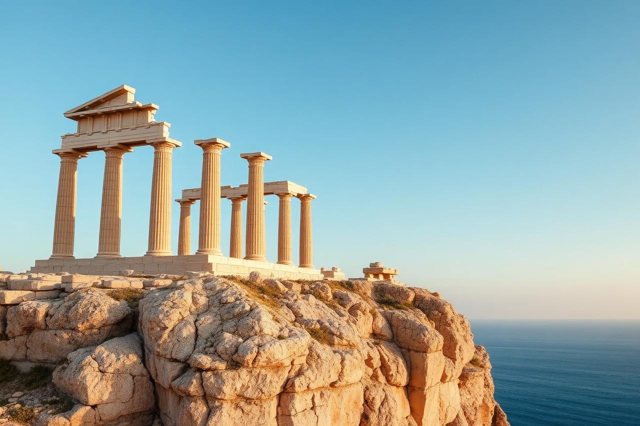 Säulen des Athena-Tempels über der Küste von Lindos