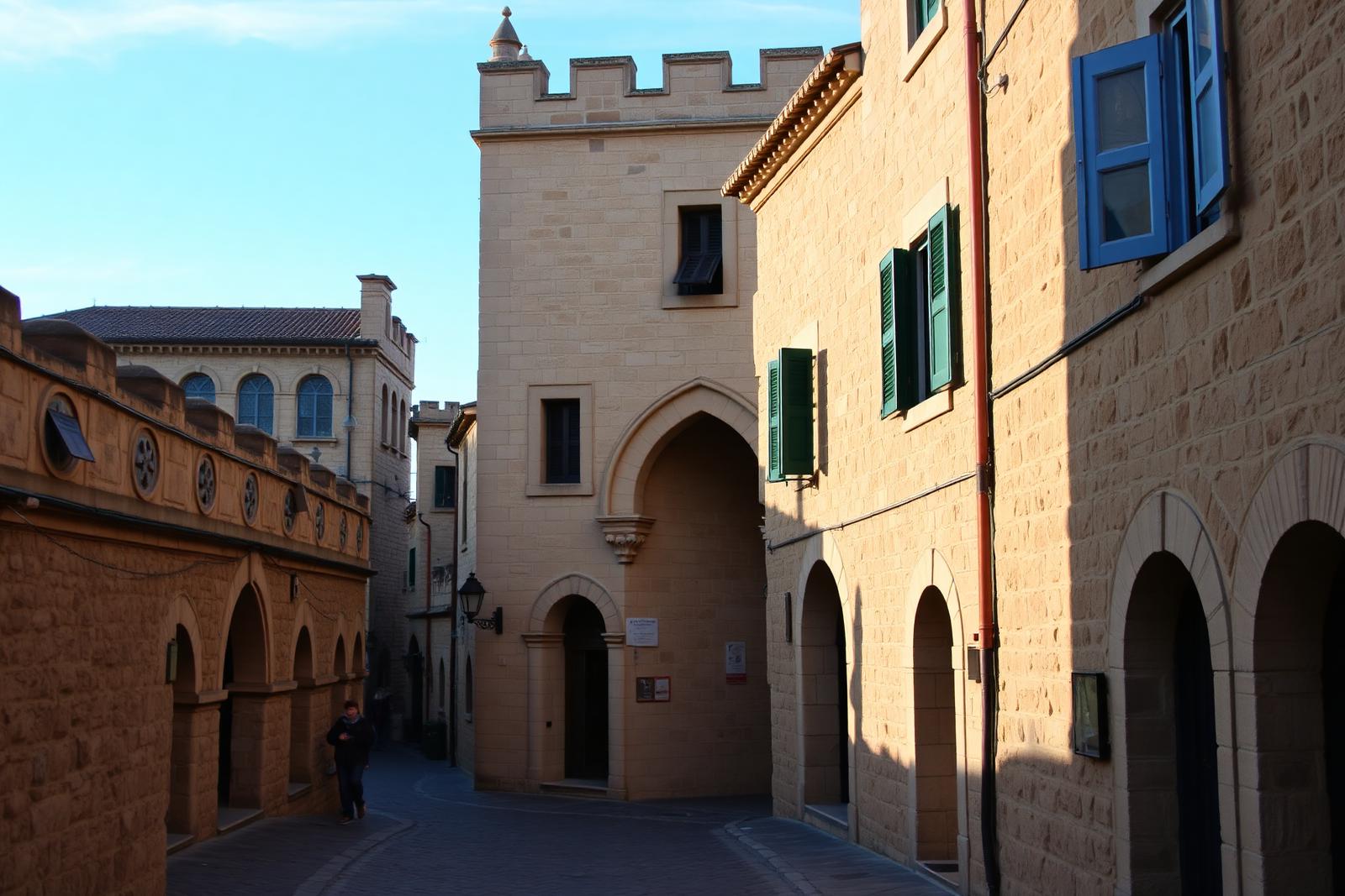 Kopfsteingepflasterte Gasse in der Altstadt von Rhodos mit gotischer Architektur